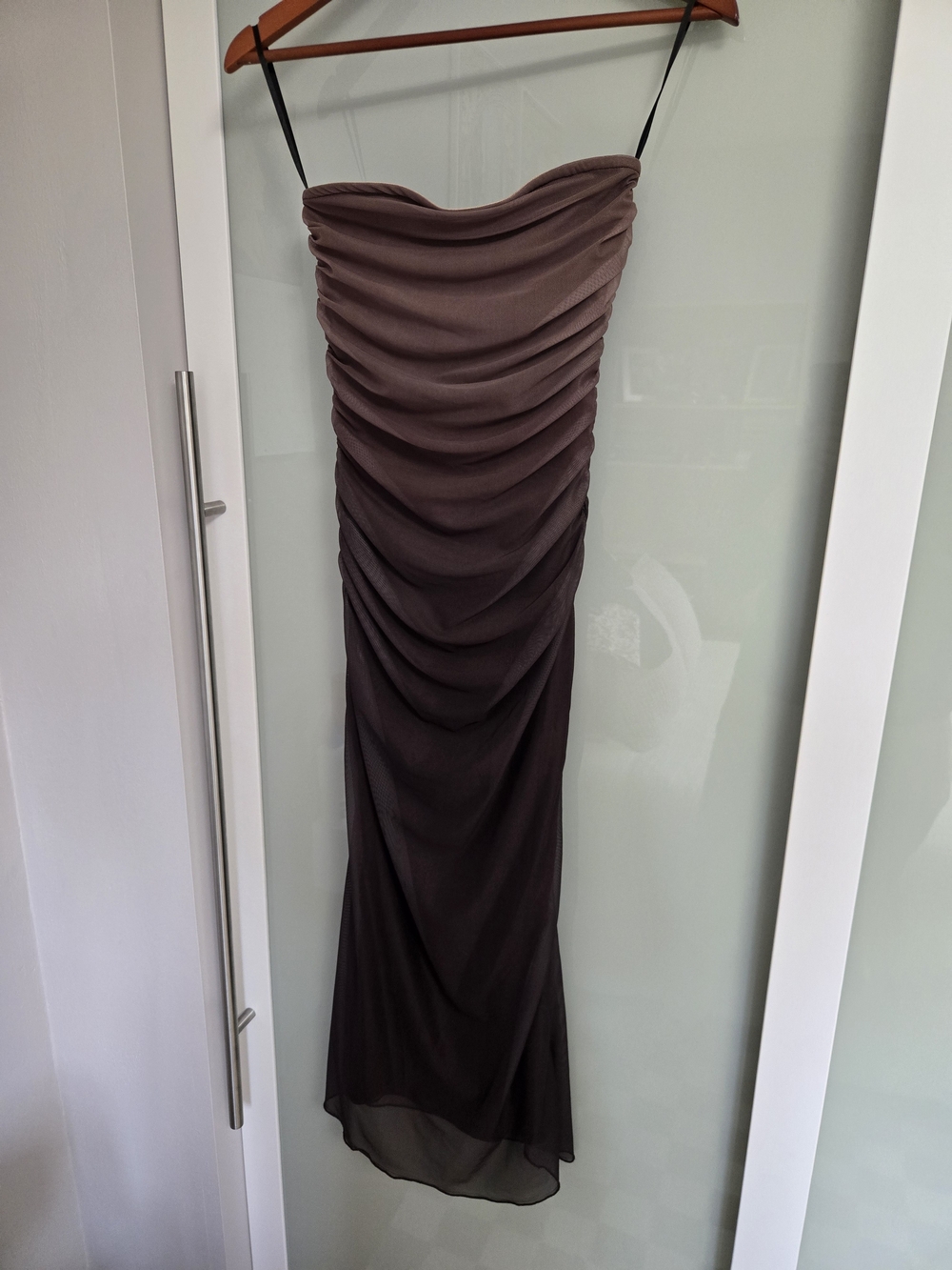 Strapless Ruched Mesh Ombre Dress in Dark Brown